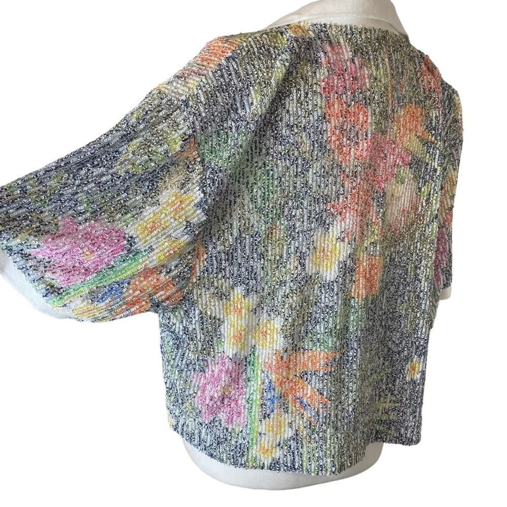 In The Mood For Love Sequin Floral Crop Top Linen Silk Boxy Collared L - Picture 5 of 16